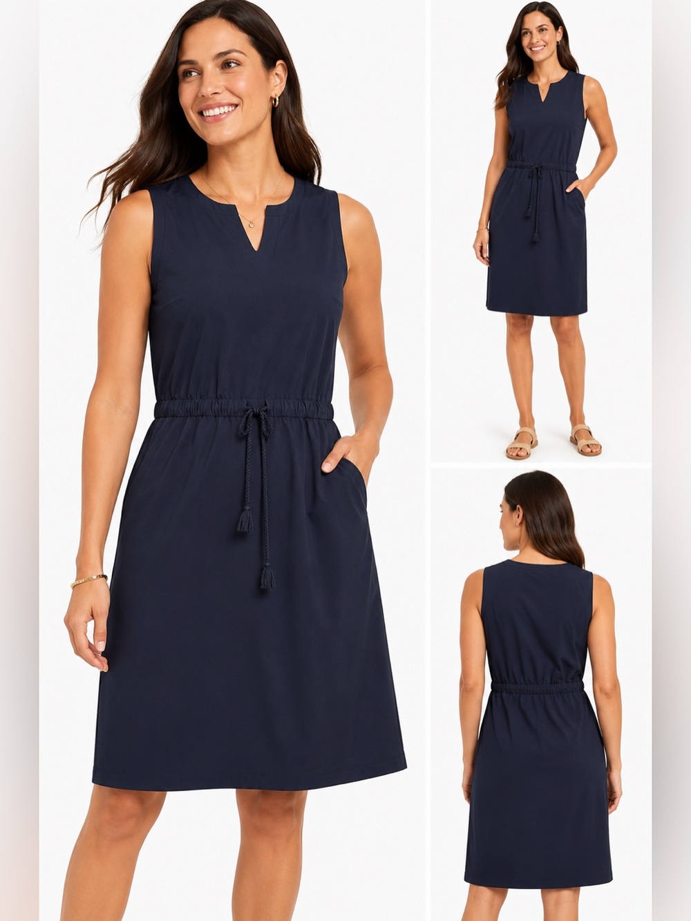 T by Talbots Navy Sleeveless Stretch Dress | XL | Drawstring Waist | Pockets